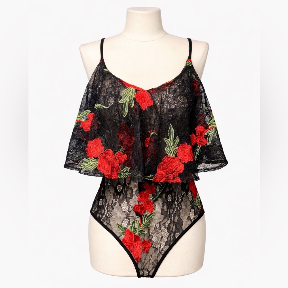 Monaco Lace Bodysuit Medium Black Sheer Floral Embroidered Off Shoulder